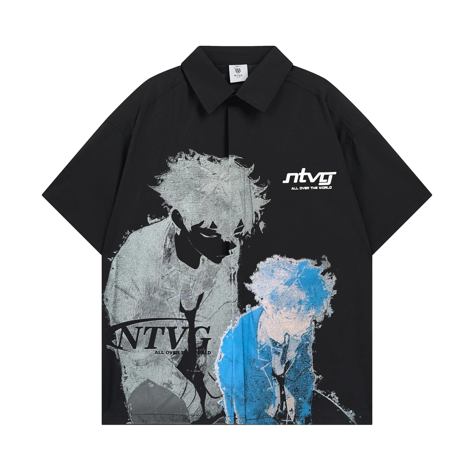 

New Trendy Shirts Man Y2k Streetwear Cartoon Letter Printed Graphic Tees Summer Casual Turn Down Collar Short Sleeve Shirts Male