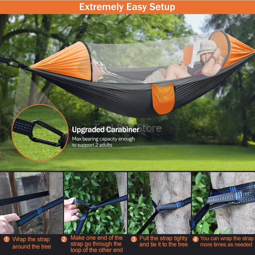 2 Person Outdoor Camping Hammock Lightweight Hanging Mosquito Net Hammocks Tree Straps Swing Backpack Backyard Sleeping Bed