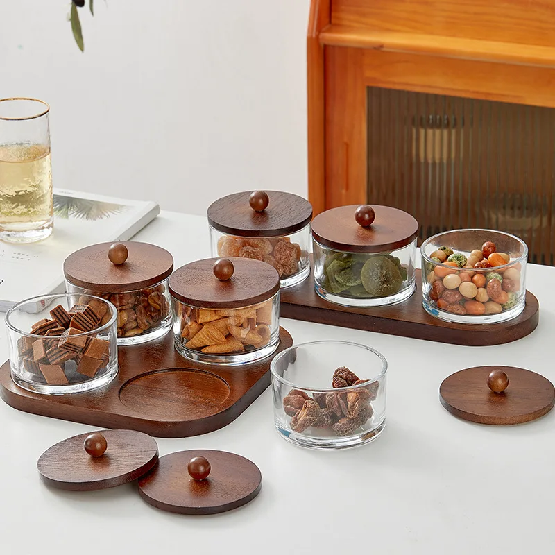 Japanese Style Wooden Tray Glass Fruit Plate Nut Snack Organizer Creative Design Home Use Fruit Plate Storage Tray