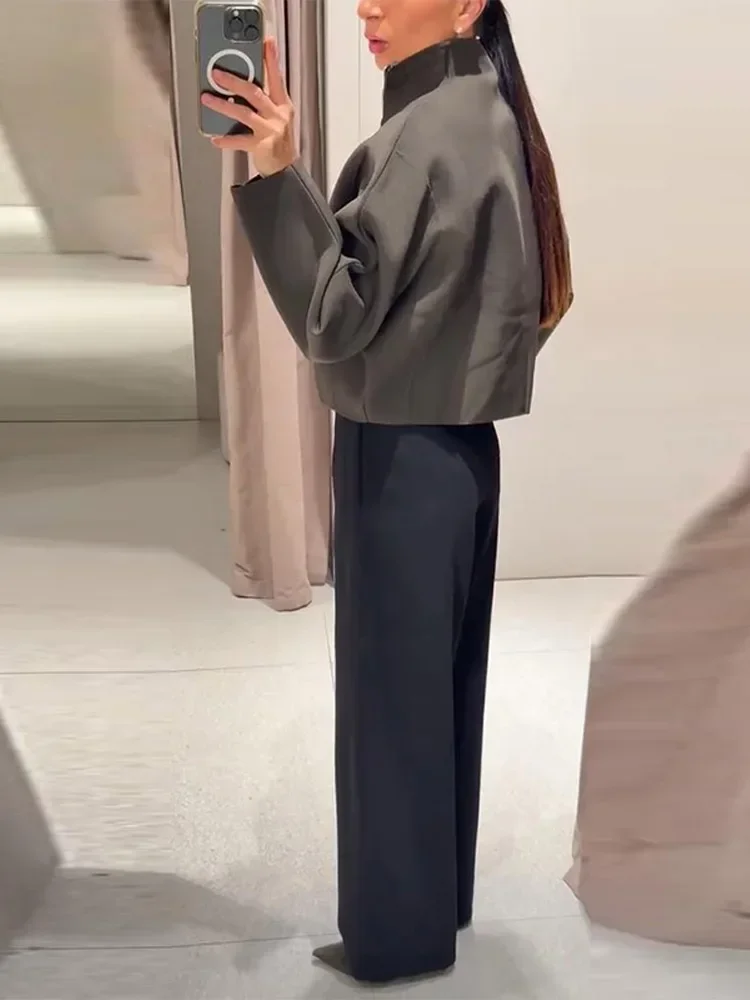 Women Casual Knitted Coat Solid Stand Collar Full Sleeve Zipper Loose Cropped Coats 2026 Female Daily Commute Fashion Outerwear