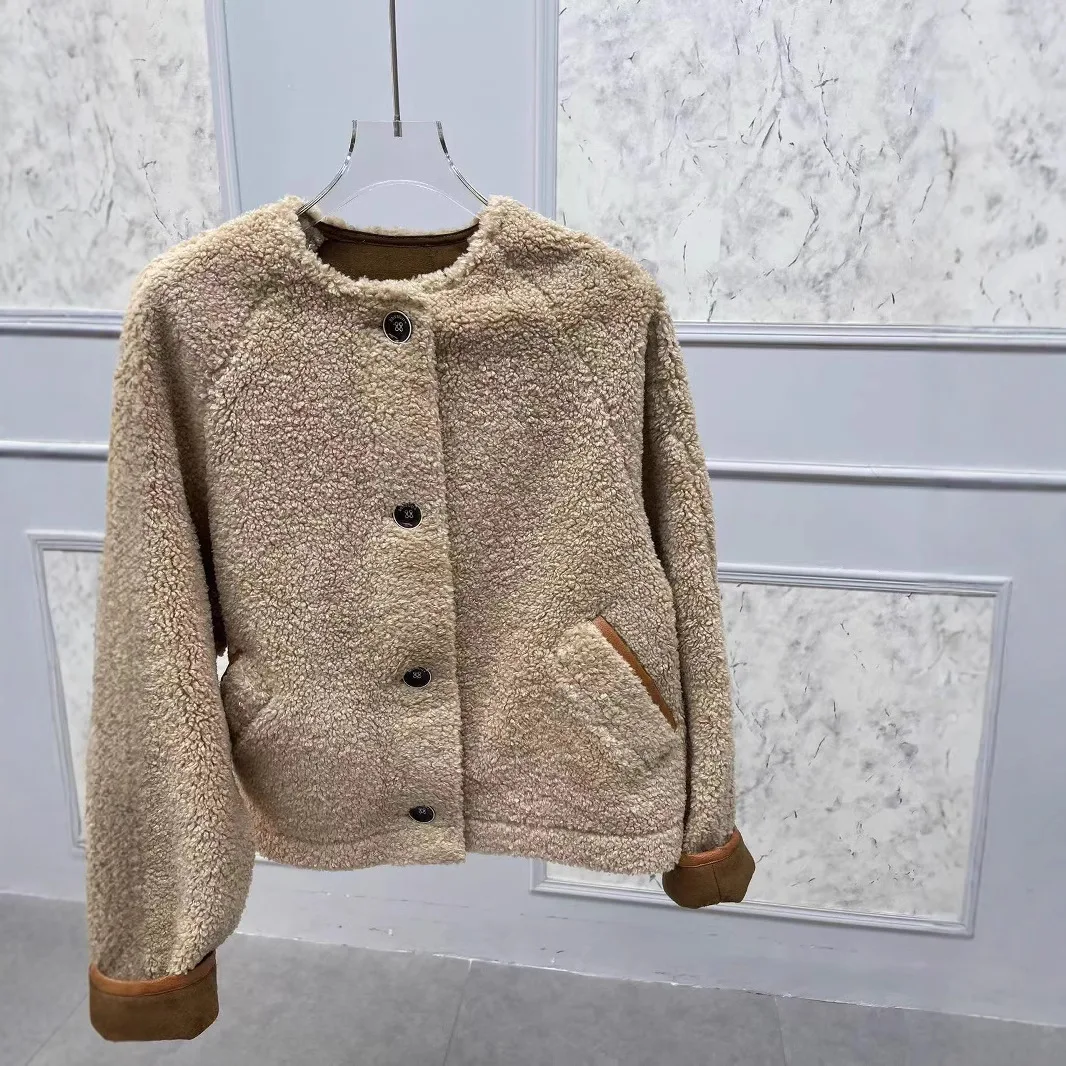 Giacca Classica in Pelle di Cammello con Rifiniture, Capospalla Ampio per Autunno e Inverno, Nuovo Stile Francese Elegante con Pelliccia d'Agnello