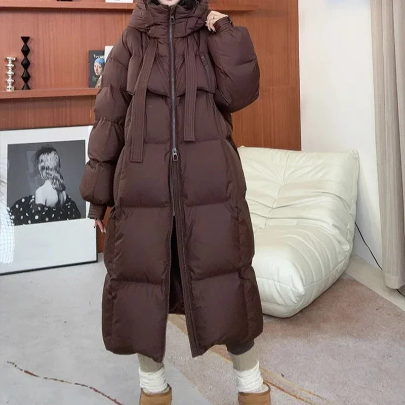 Women Casual Thicken Warm Hooded Down Coat Long Sleeve Zipper Pocket Long Coat Lady Office Parkas Fall Winter Down Coat