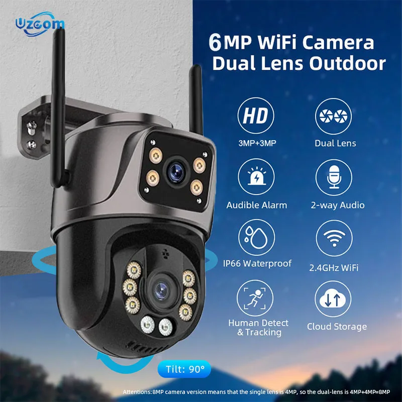 Wifi PTZ Camera 4K 6MP IP Camera Outdoor Dual Lens Dual Screen AI Auto Tracking CCTV Audio Video Surveillance Support XMeye NVR