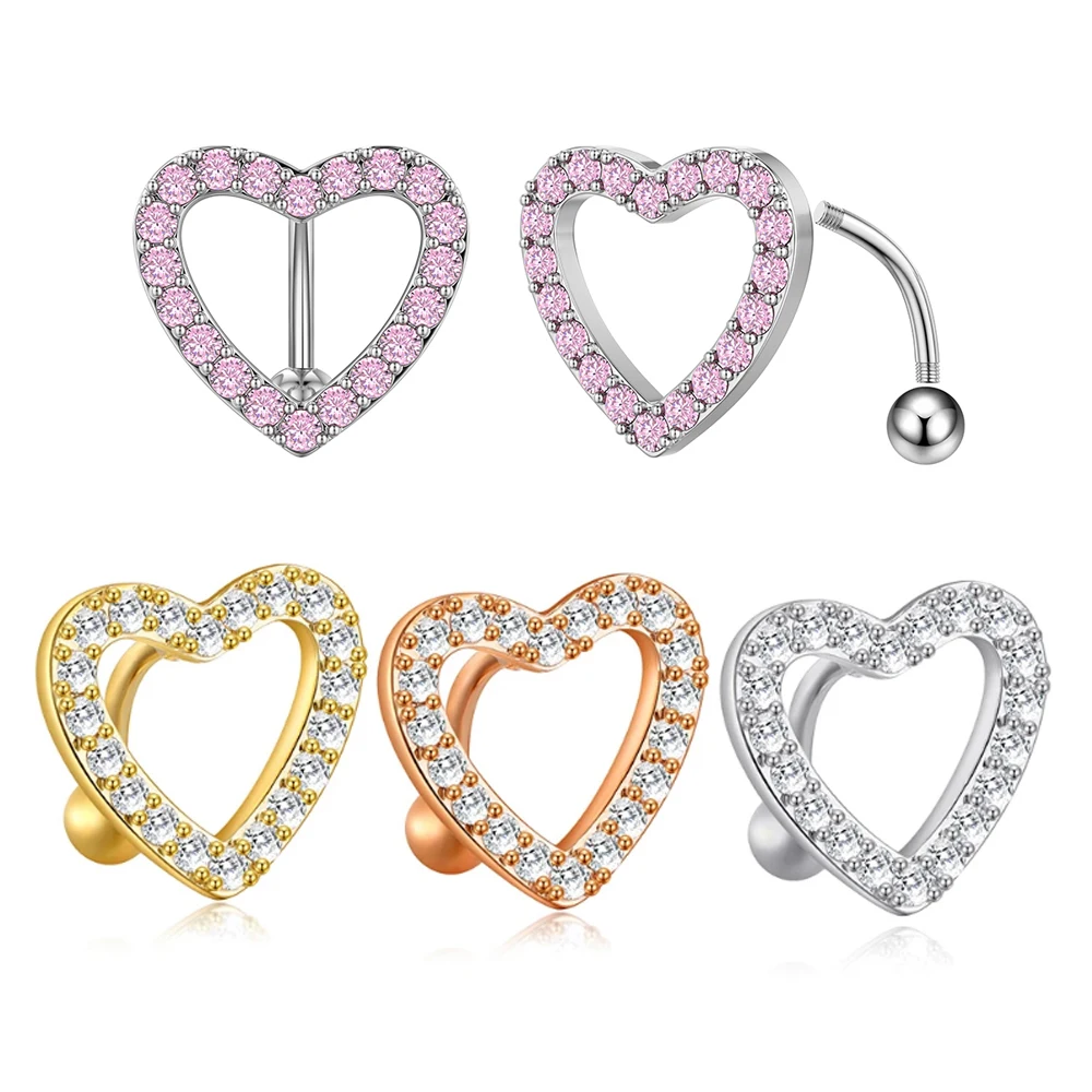 1 Stück Reverse Bar Herz Bauchnabelpiercing Nombril für Frauen Gold Rosa Kristall CZs Gebogene Bauchnabelpiercings Schmuck – Detail 2