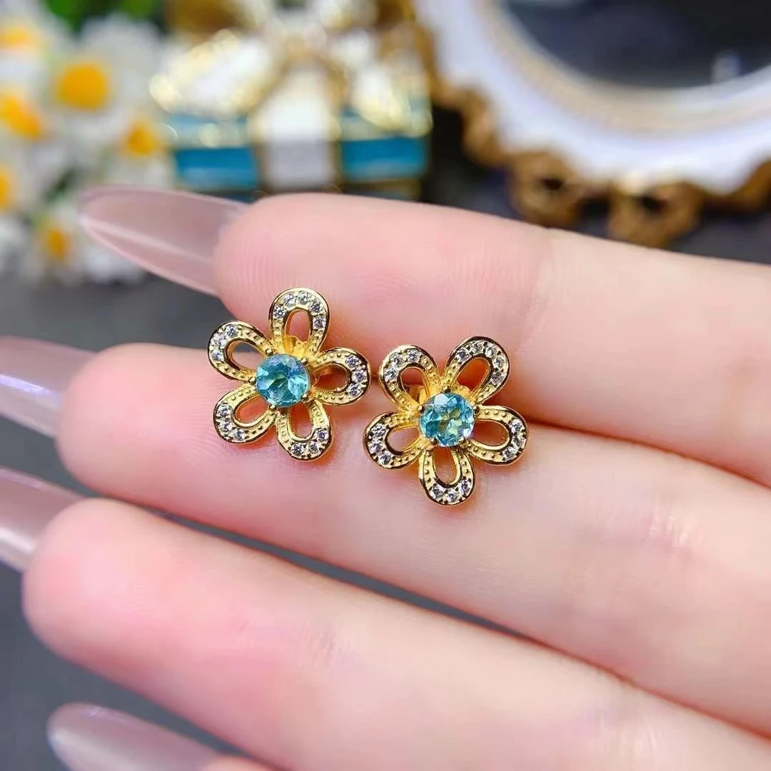 Cute 925 Silver Flower Stud Earrings 4mm Natural Apatite Earrings 18K Gold Plated Apatite Jewelry for Daily Wear