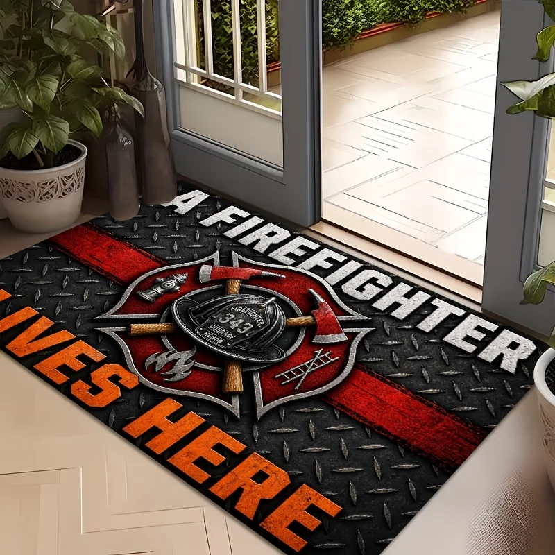 Firefighter Fire Emergency 2D Flat Print Non Slip Washable Rug Mat For Entrance Bedroom Porch Indoor Outdoor Home Decor