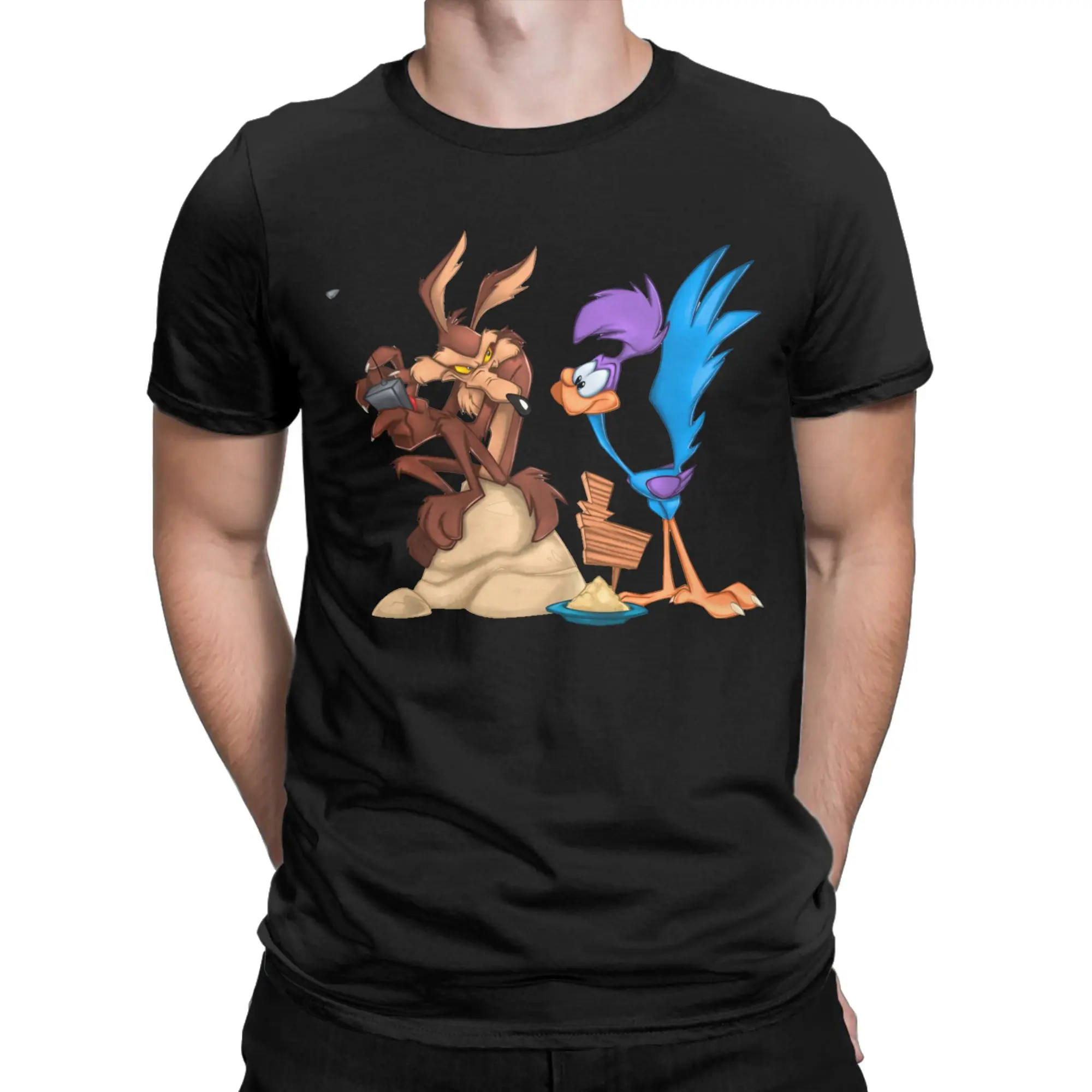Control the Remote T Shirts 100% Cotton Vintage T-Shirt Round Collar Roadrunner Wile E Coyote Cartoon Tees Short Sleeve Clothing
