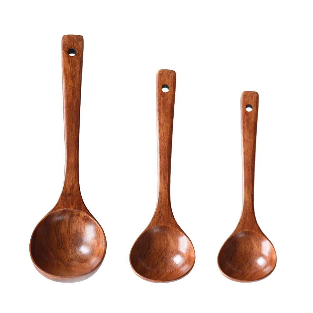 

3pcs Wooden Soup Spoons Long Handle Serving Scoop Solid Wood Kitchen Utensils Tableware For Home .5X7.5 20.5X6 18X6