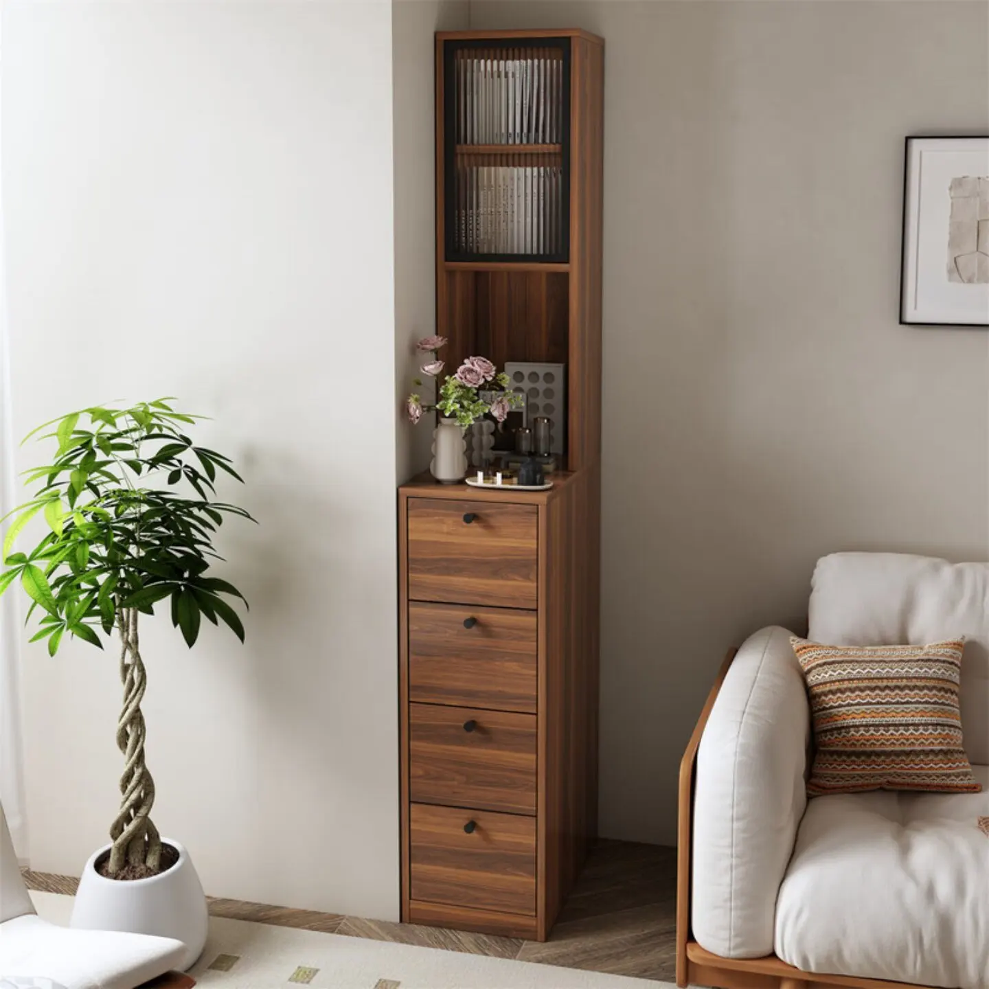 Side cabinet next to the sofa, living room multi-function corner, several shelves