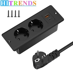 HITRENDS European Plug Desktop built-in power strip 2/3 AC power outlet 1/2USB and 1Type-C charging port 2 meter extension cord