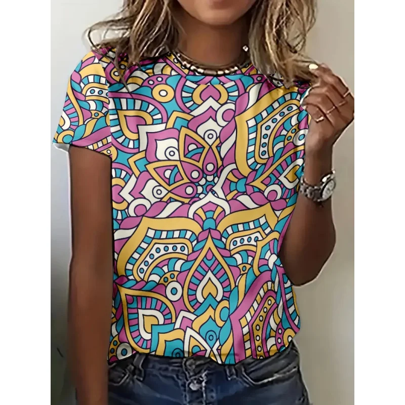 

Colorful Retro Pattern T Shirt For Women Exquisite Ethnic 3D Printed Short Sleeves Tees Summer Casual Loose T-Shirts O-Neck Tops