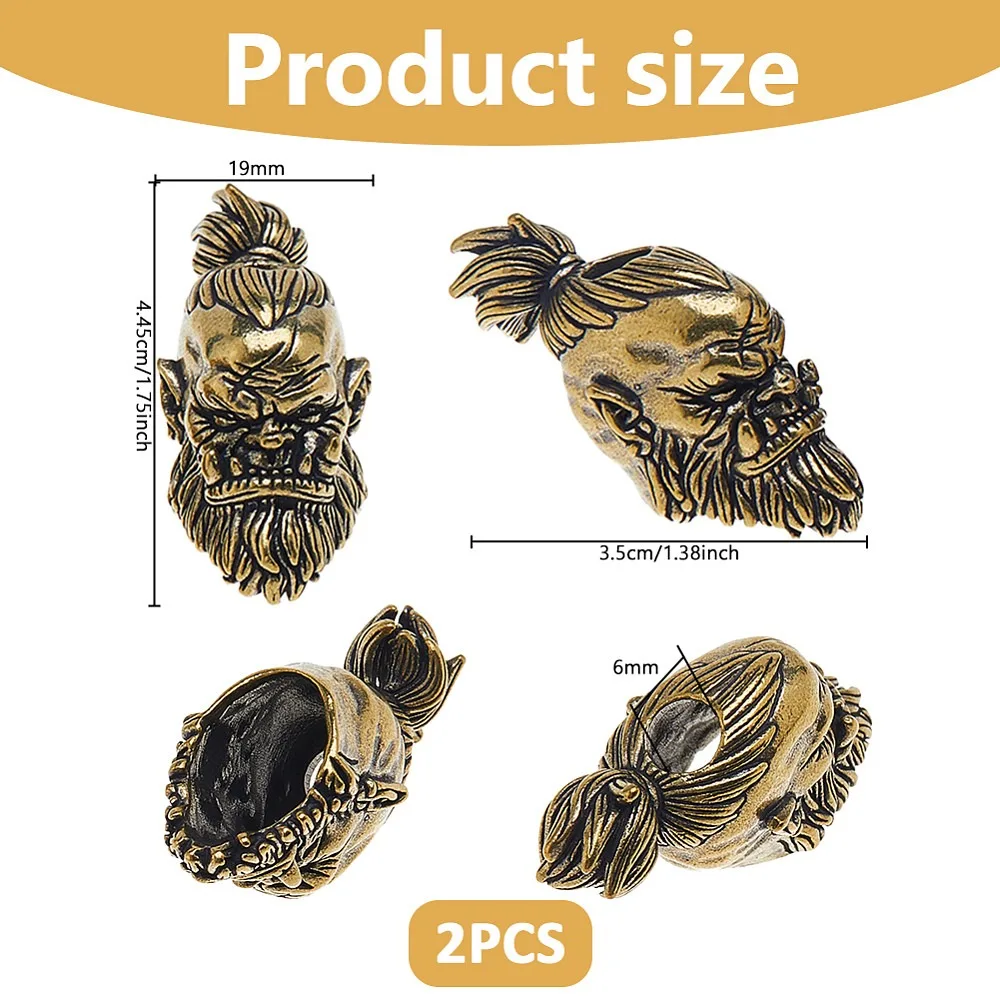 2Pcs Outdoor EDC Tool Brass Parachute Rope European Beads Large Hole Beads Orcish Warrior Head Golden 44.5x19x35mm