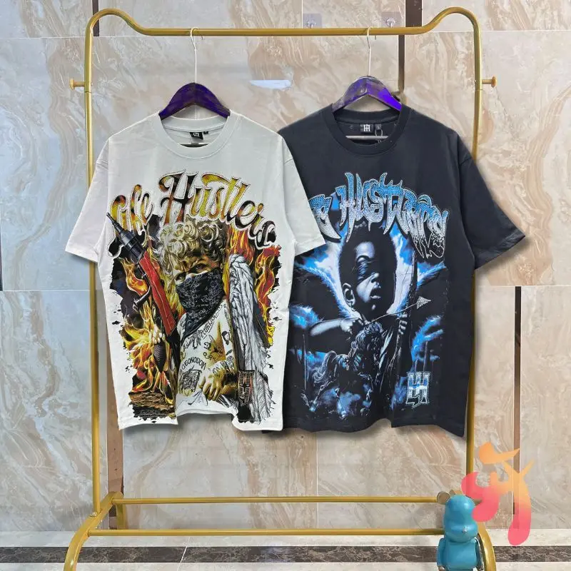 Stock American Street Life Hustlers Tshirts Vinatge Masked Tattoo Angel Casual Loose Hot Drill Letter Short Sleeve Men Women