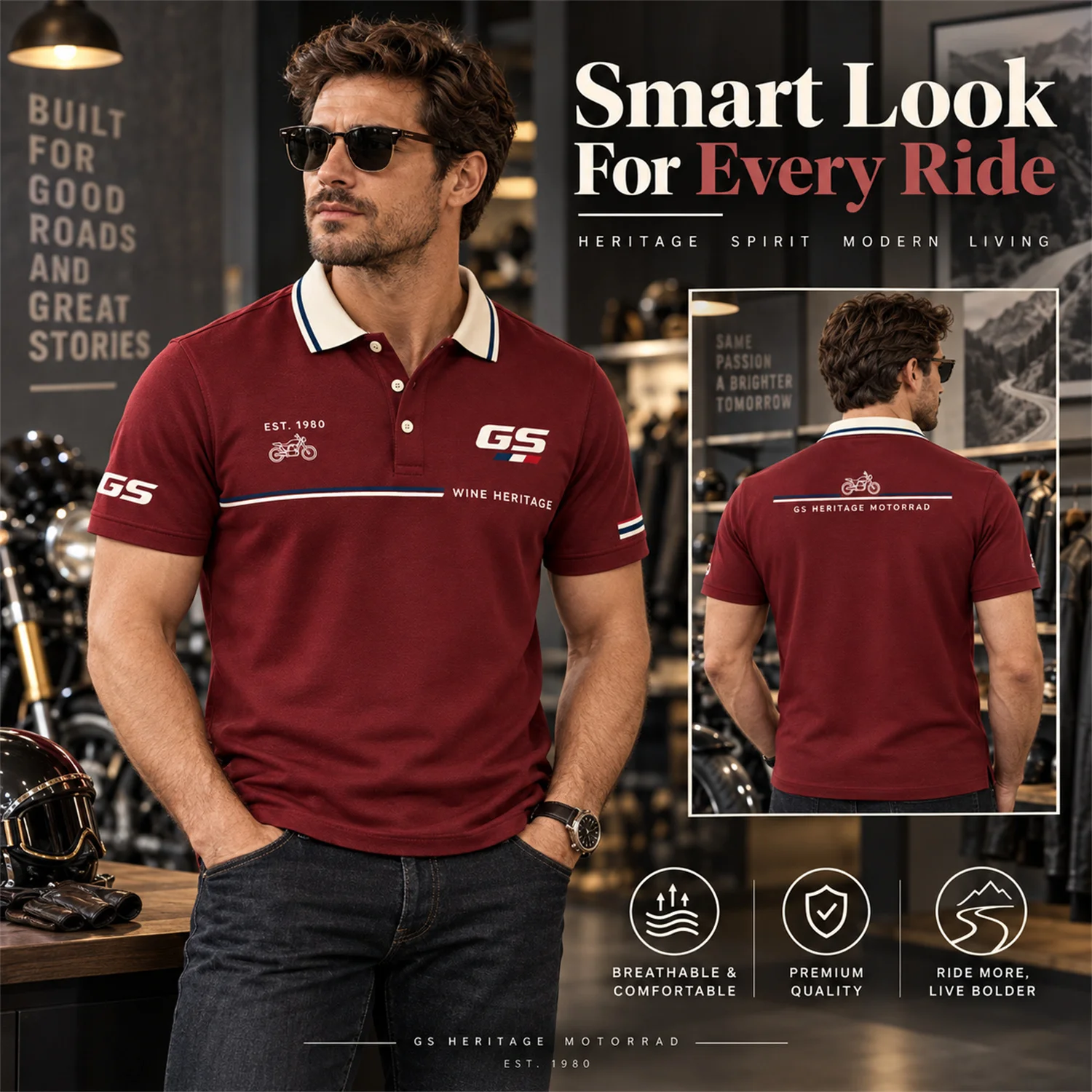 GS Motorrad Motorcycle Polo Shirt Wine Heritage Classic Graphic Print Short Sleeve Riding Jersey Unisex Biker Outdoor Wear