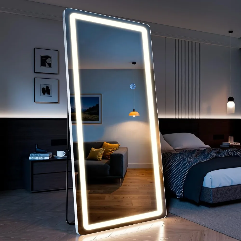 Espelho de chão LED de comprimento total 76x34, cantos arredondados, iluminação regulável de 3 cores, corpo inteiro, em pé