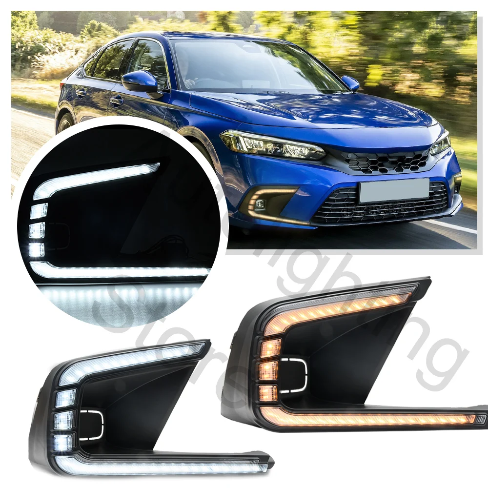 2PCS Dual color LED cover fog light grille For 11 Gen Honda Civic Sedan 2022 2023+ white DRL Dynamic amber turn signal light