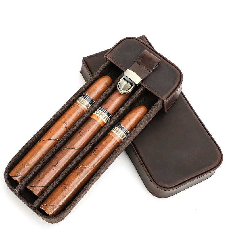 Vintage Crazy Horse Leather Three-Cigar Travel Case with Lockable Drawer, Portable Genuine Leather Cigar Box