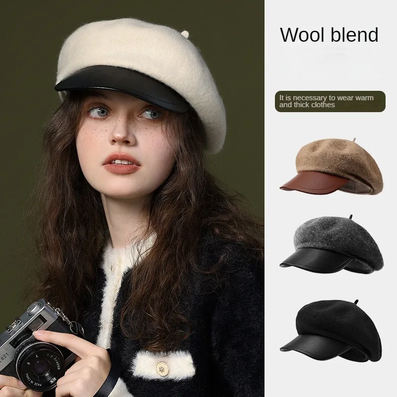 Vintage Beret Girl Warm Knitting Versatile Artist Felt Hat Winter Autumn Women Retro Big Head Wool Octagonal Cap Female Berets