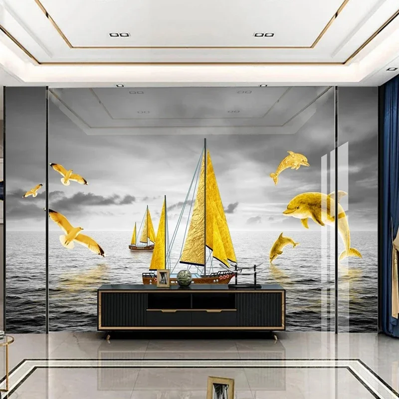 

Custom 3D Mural Gold Sailing Ship Dolphin Ocean Grey Wallpaper for Living Room TV Background Wall Decor Non-woven Paper Painting