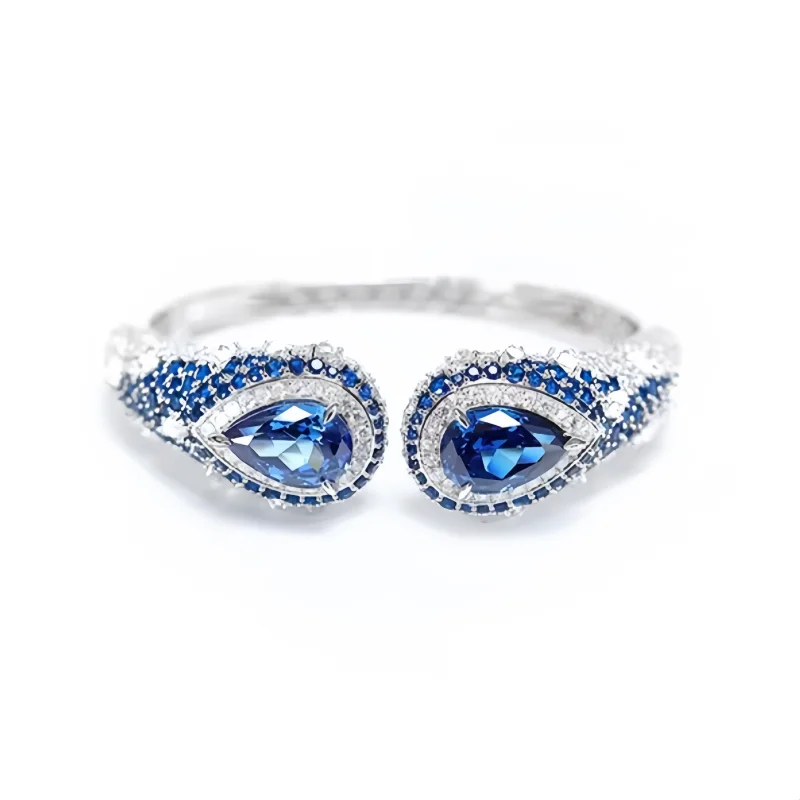 BELLUX 925 Silver Plated 18 K White Gold Bracelet Star Royal Blue Full Diamond Pear Shape Sapphire Opening Bangle