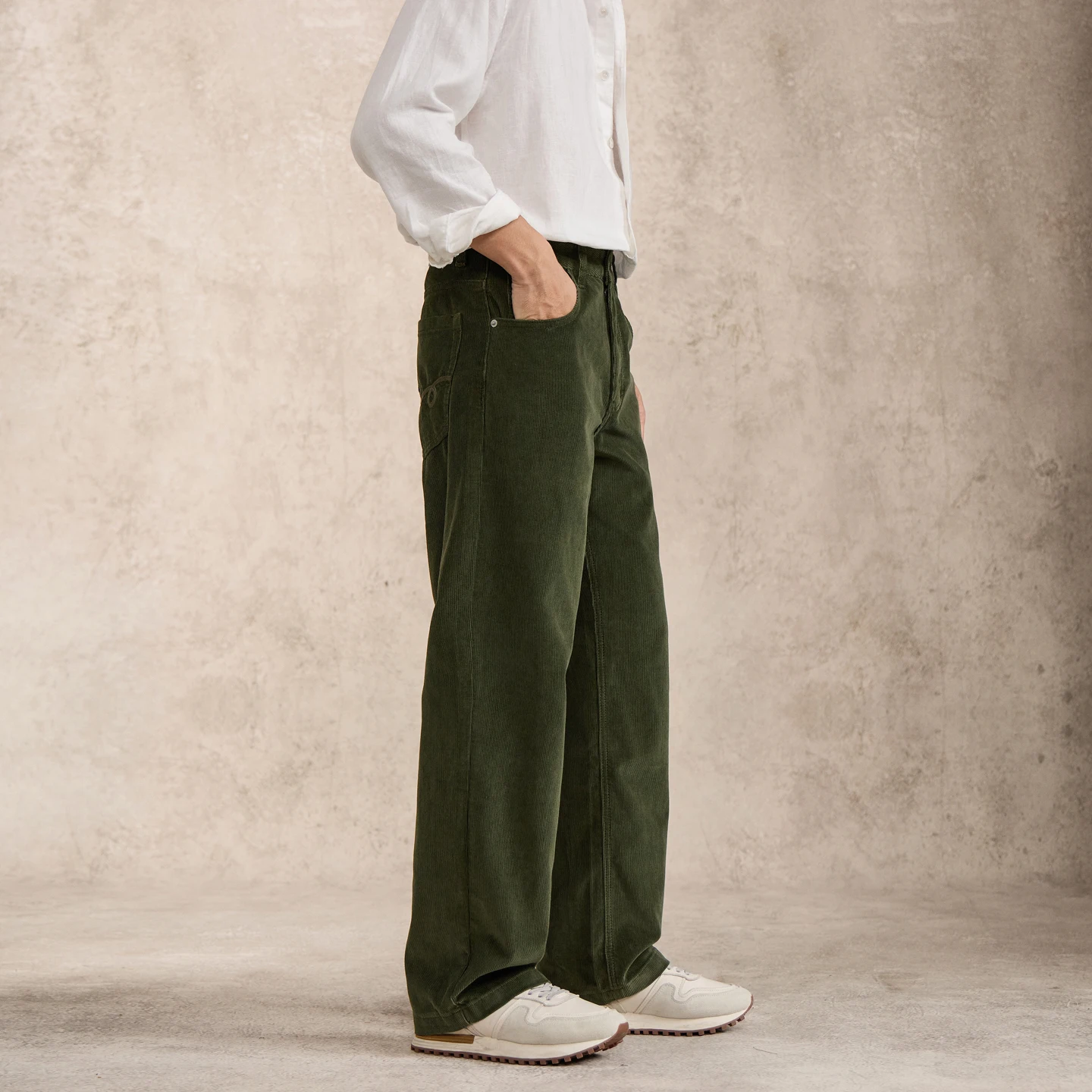 Men Business Casual Commute Straight Green Corduroy Pants Vintage Fashion Simple Cleanfit Loose Cotton Trousers