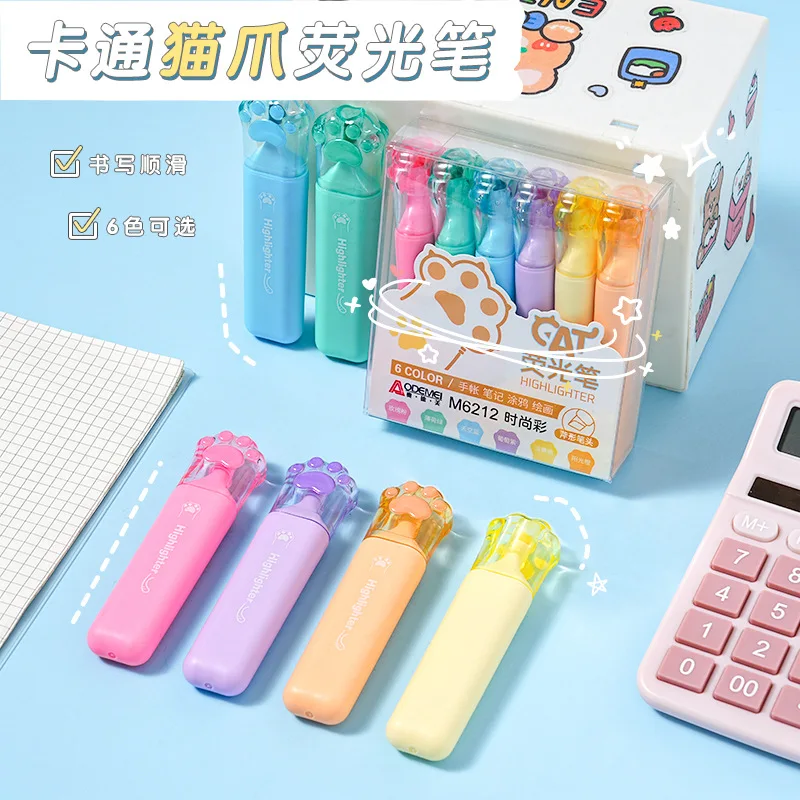 

6PCS Cat Claw Shaped Eye Protection Highlighter High Value Creative Exquisite Macaron Oblique Head Highlighter Pen