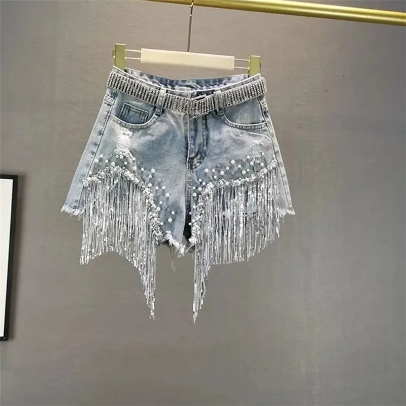 Female Denim Shorts 2024 Summer Wear New High Waist Slimming Heavy Beaded Sequin Fringed Ripped Wide Leg Pants Jeans Hot Pants