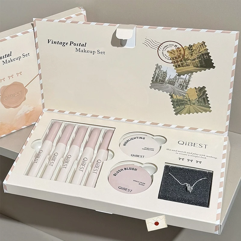 QIBEST Retro Mail Design Multipurpose Face Makeup Set Include 5 Liquid Lipstick,1 Blush,1 Highlight And 1 Necklace Cosmetics Kit