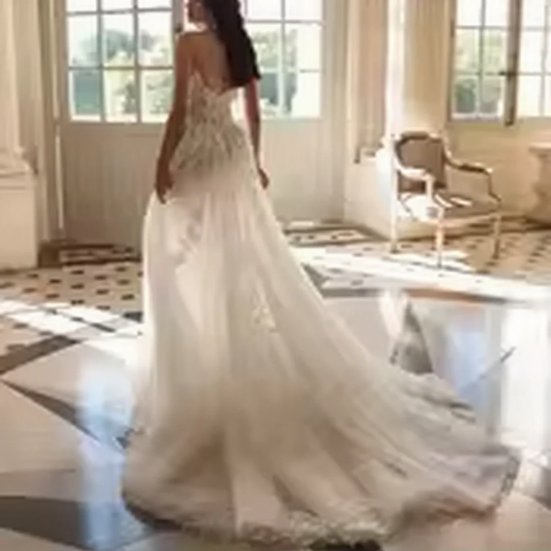 بوهو تول فستان الزفاف يزين الدانتيل حمالة أنيقة ألف خط فساتين الزفاف حسب الطلب
