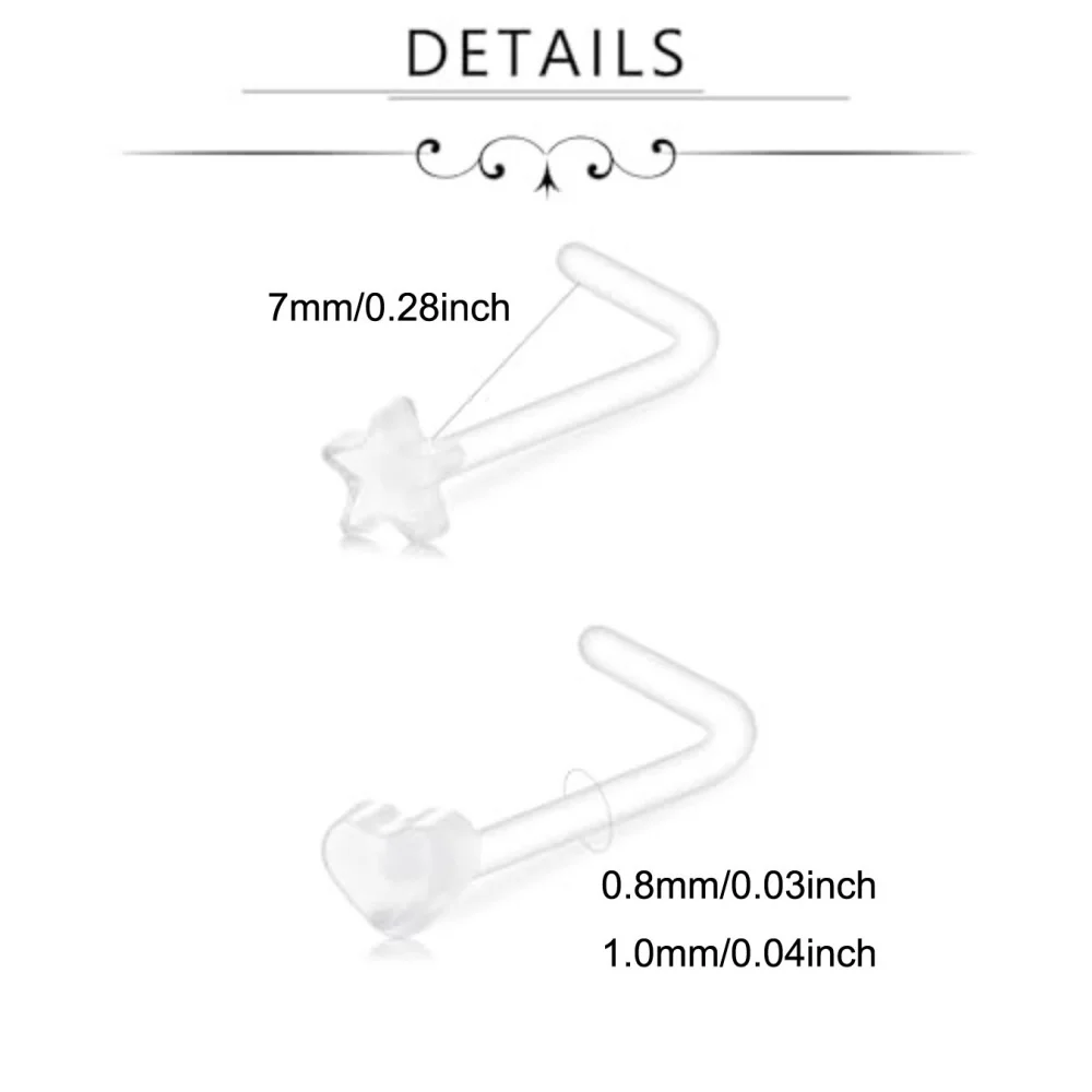 18Pcs 18G 20G Clear Nose Studs for Work Acrylic Plastic Nose Rings for surgery Nostril Piercing Retainers Star Heart Flat Top