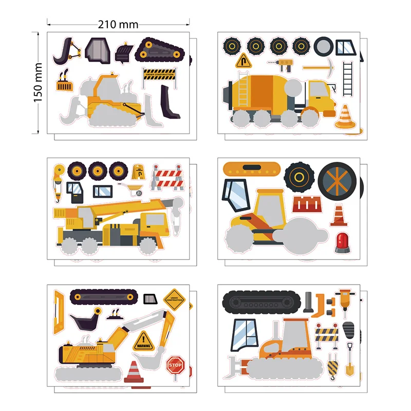 6/12Sheets Kids DIY Construction Vehicle Puzzle Sticker Make Your Own Truck Stickers Assemble Jigsaw Party Favors For Boys Girls