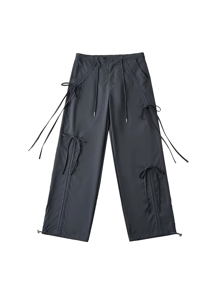 Sweet Cool Spicy  Knot Work Pants Women's Spring Retro Dstring Slimming Loose Casual Straight Leg Wide Leg Pants