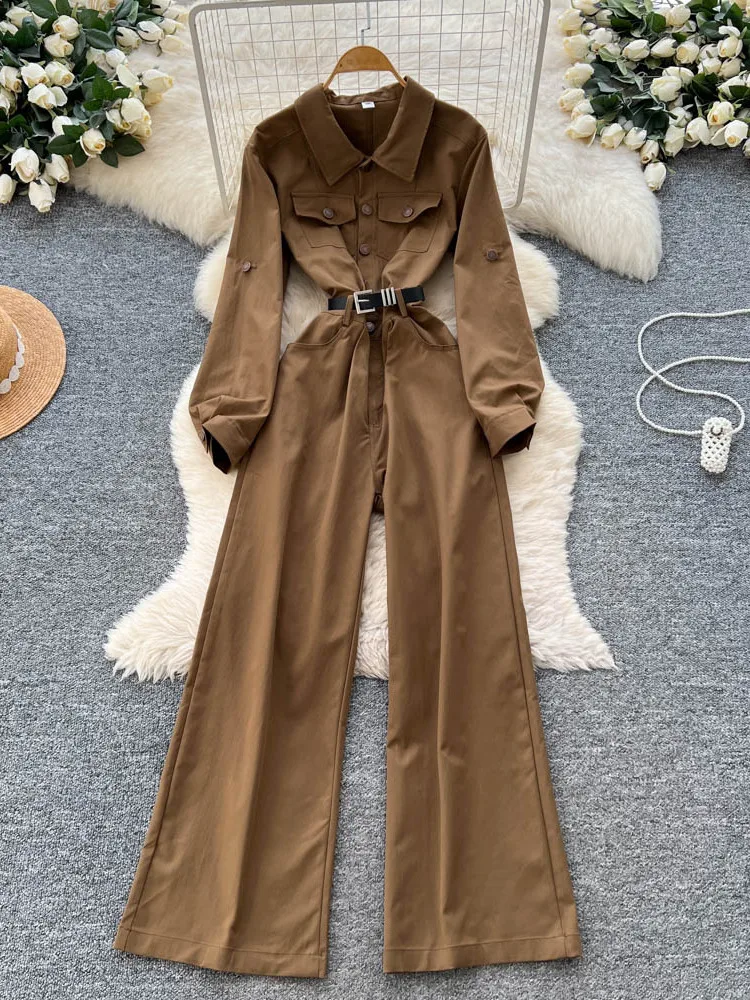 

Faionable Long Sve Брюки с высокой талией Женские металлические синие широкие брюки Осенний сезон Корейская повседневная одежда