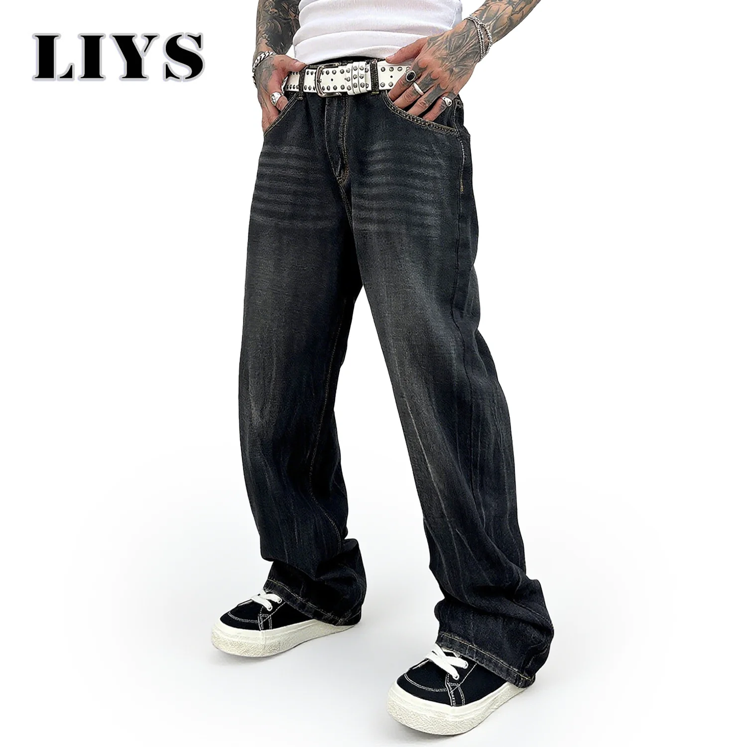 

American Street Solid Retro Black Baggy Jeans Men's Autumn Winter Loose Tie Flower Wide Leg Denim Pants Daily Rest Stacked Jeans