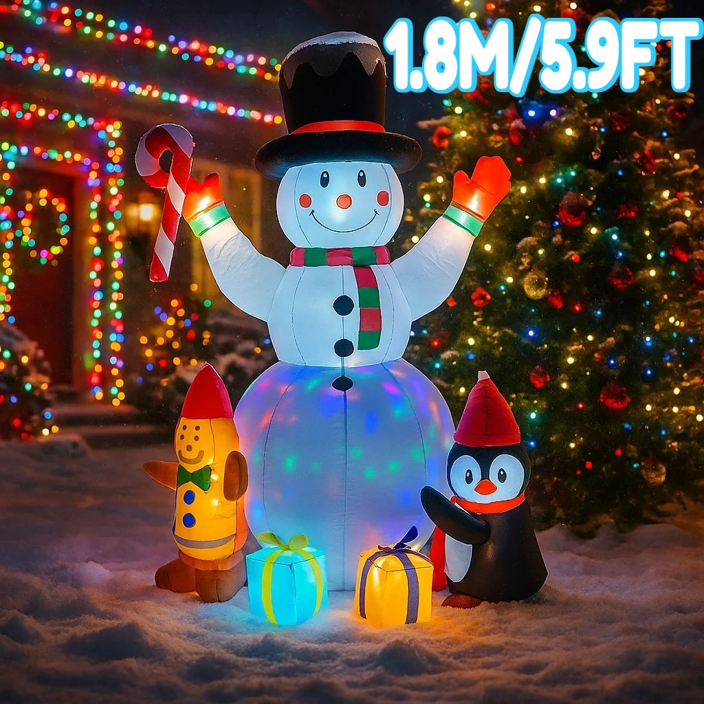 1.8M/5.9FT Inflatable Snowman Penguin Gingerbread Gift Boxes Lights LED Home Decorations Toys Yard Xmas Holiday Decor Supplies