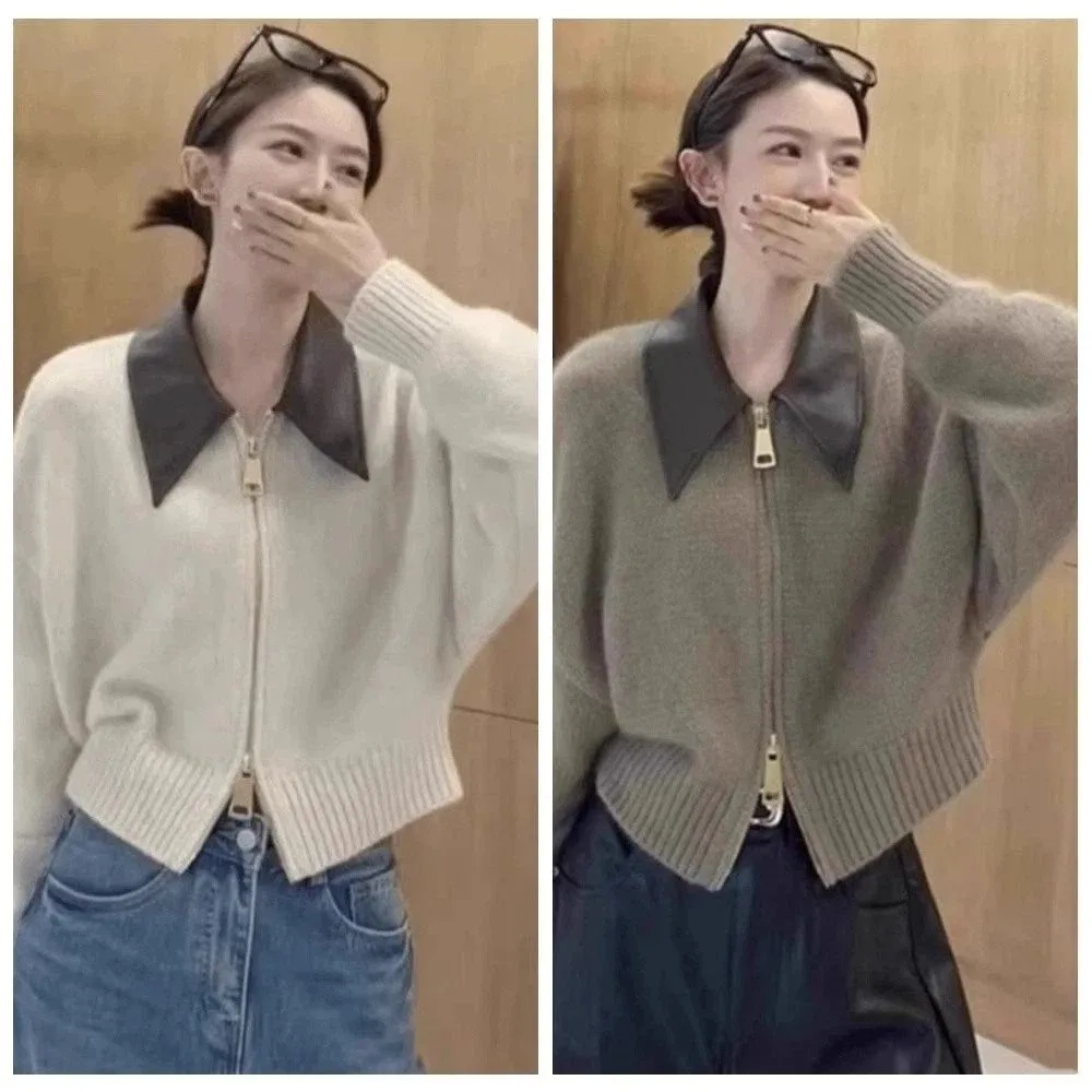 

Leather Collar Zipper Front Sweater Cardigan Long Sleeved Sewing Pattern Flip Collar Sweater Streetwear Knitted Crochet Top
