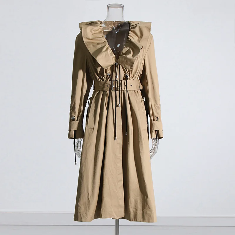 Robe Trench longue plissée à volants, ceinture, col en V, coupe-vent décontracté avec cordon de serrage, vêtements d'extérieur pour femmes, automne 2025