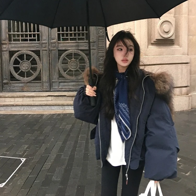 Parka corto da donna con cerniera e cappuccio con bottoni in corno e collo in pelliccia Cappotto invernale in cotone stile lavoro caldo