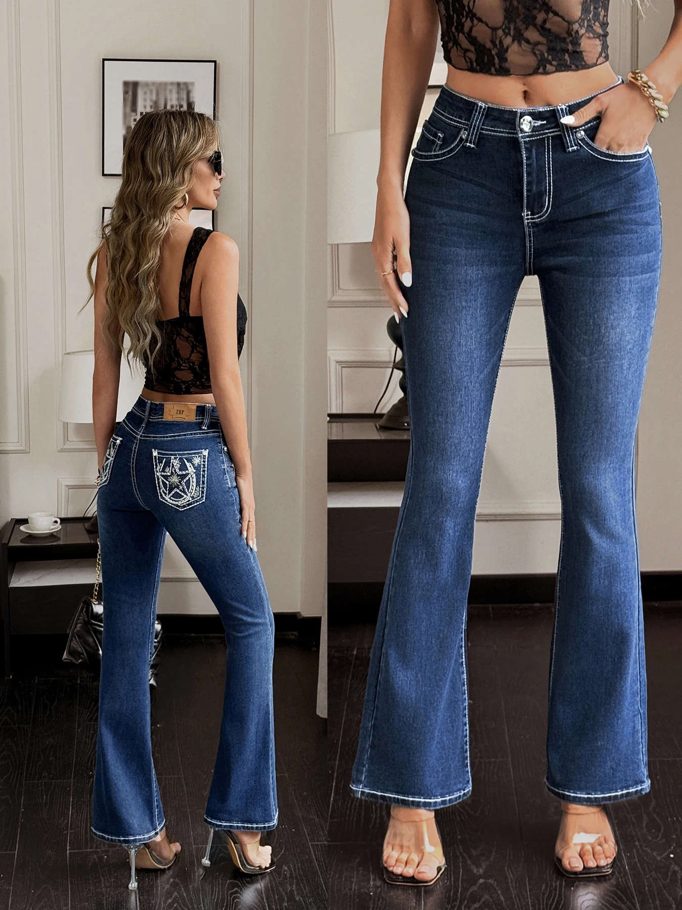 プラスサイズの女性のレトロなフレアジーンズ刺繍バックポケットデニムパンツファッションパーティー衣装