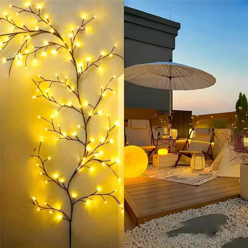 Lâmpada dobrável de vime de salgueiro AAAF 72LEDS, lâmpada decorativa de árvore de vime, luz noturna para parede de quarto interno e externo