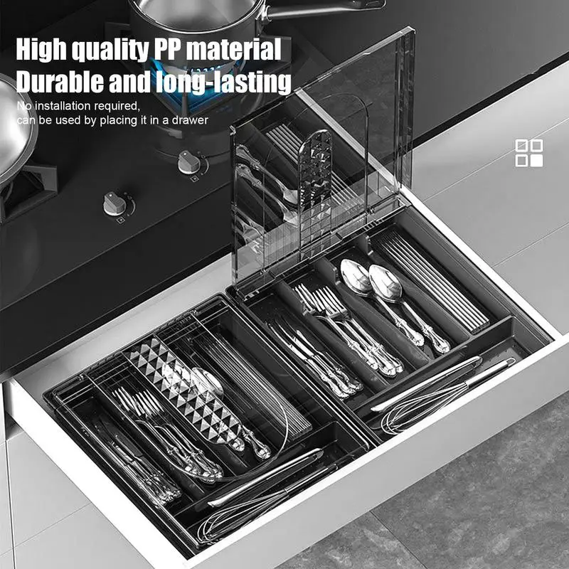 Flatware Cutlery Holder  With Grids  Silverware Drawer Organizer Multifunctional Lid-Enclosed Utensil Tray Kitchen Accessories