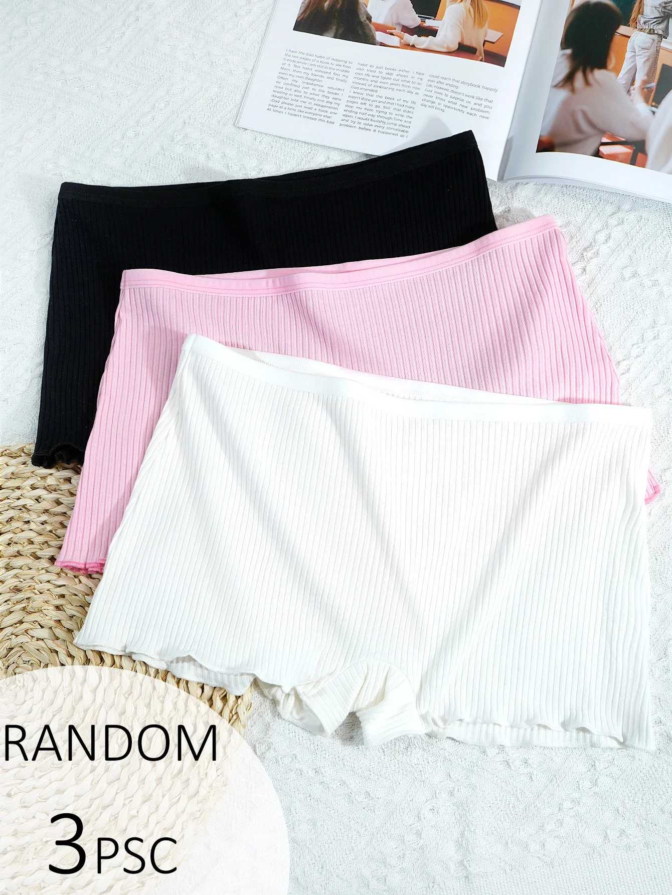 3-Pack Random Color Basic Women's Flat Angle Pants With Thread, Anti Light Leakage, Black Fungus Edge, Pure Cotton Crotch