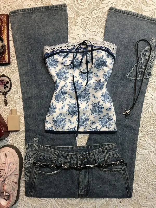 Harajuku Retro Floral Print Goth Tube Tops Camisole Sexy Y2k Vintage 2000s Strapless Emo Girls Punk Hip Hop Tees Streetwear Chic