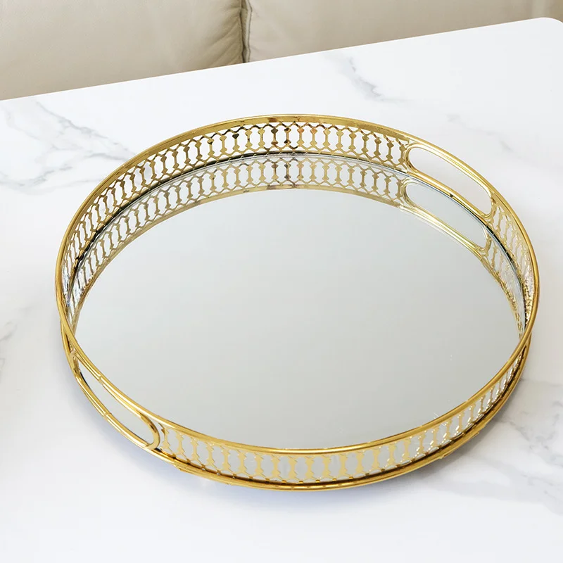 Light Luxury Glass Mirror Tray Metal Storage Living Room Coffee Table Water Cup Tea Tray Model Room Decoration Fruit Plate