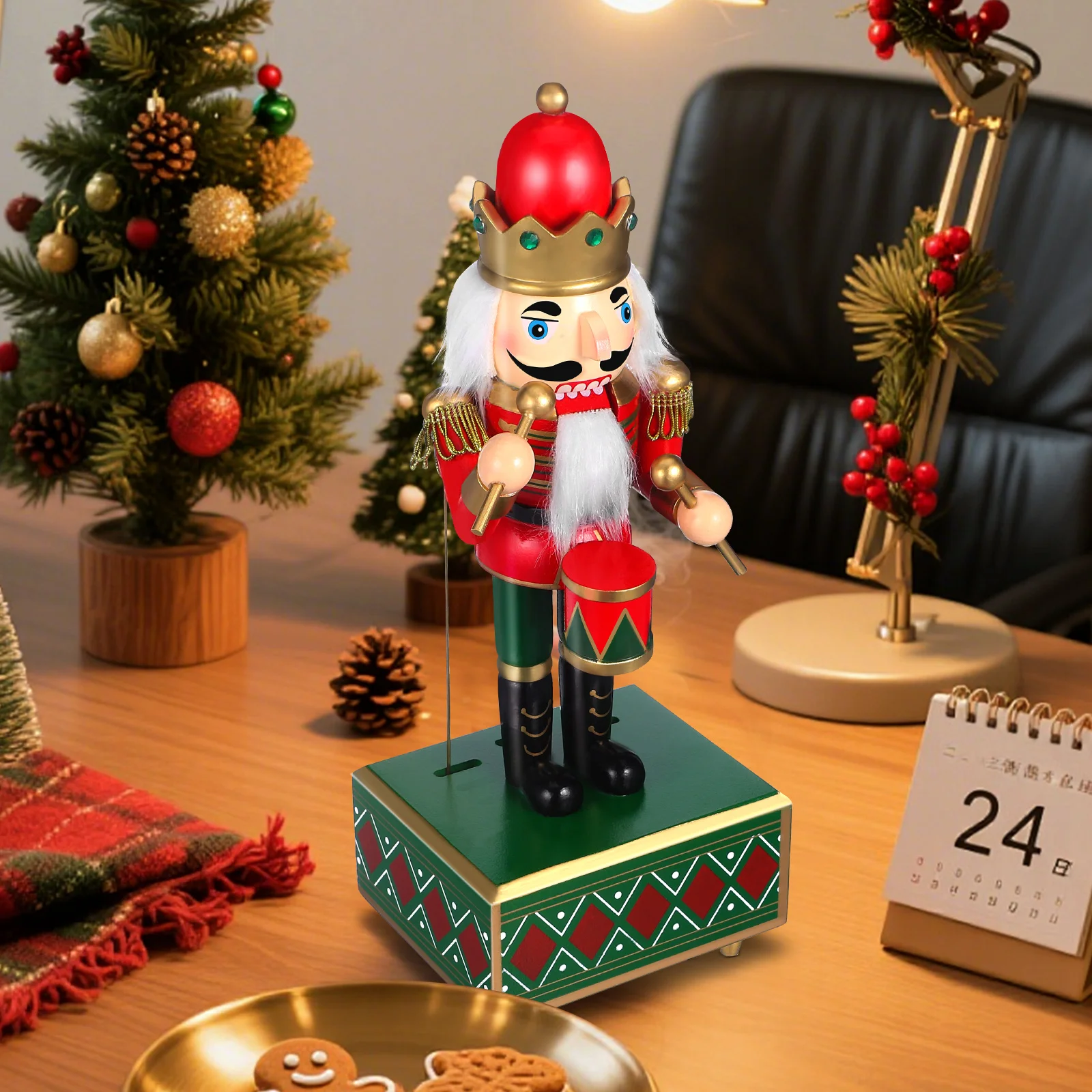 

Wooden Nutcracker Music Box Large Drum Playing Design Classic Xmas Decoration Christmas Table Ornament Festive Home Decor