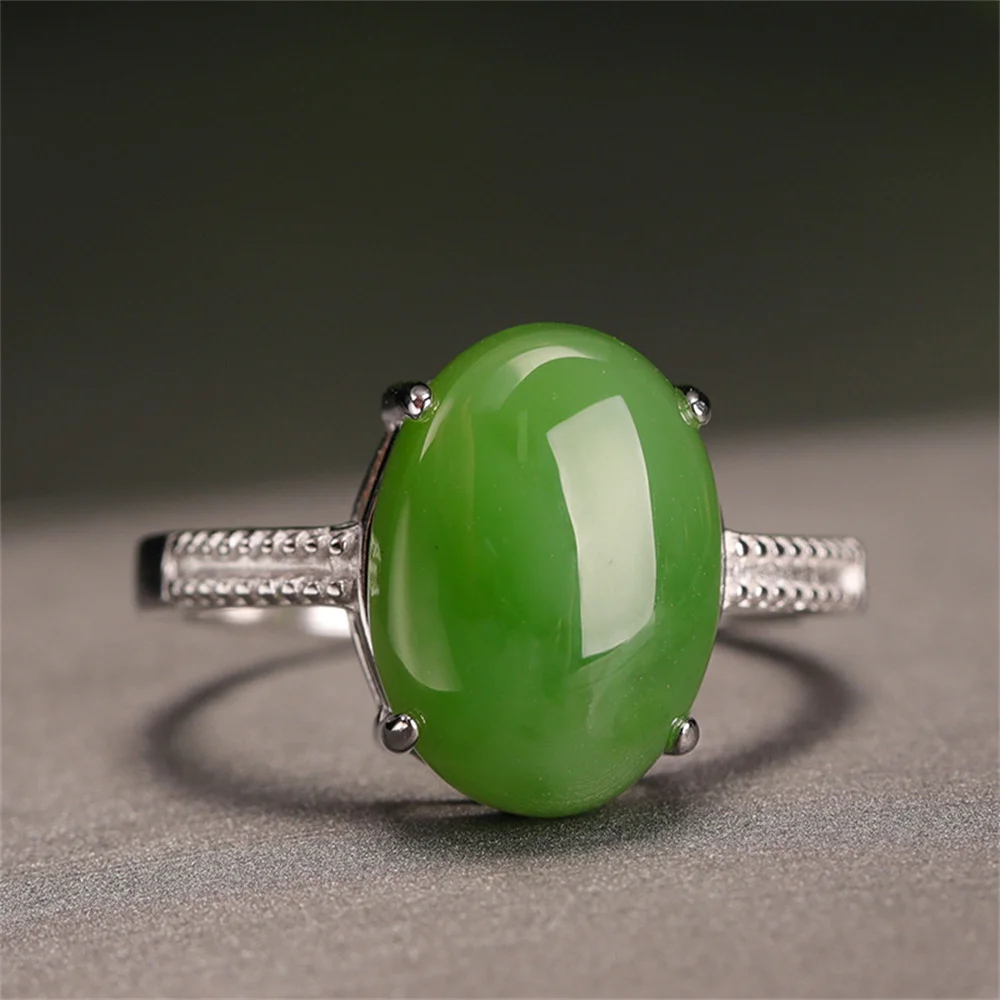 Genuine 925 Silver Jasper Ring Adjustable with Certificate Retro 10x14mm Green HeTian Jade Finger Rings Vintage Gift Jewelry