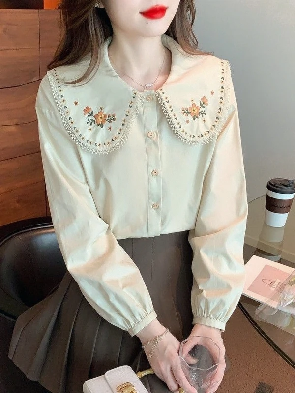 التطريز بيتر بان طوق قمصان طويلة الأكمام النساء الكورية Vintage الطلاب البلوزات الفتيات النقية الإناث شيك القمم Y2K خريف جديد