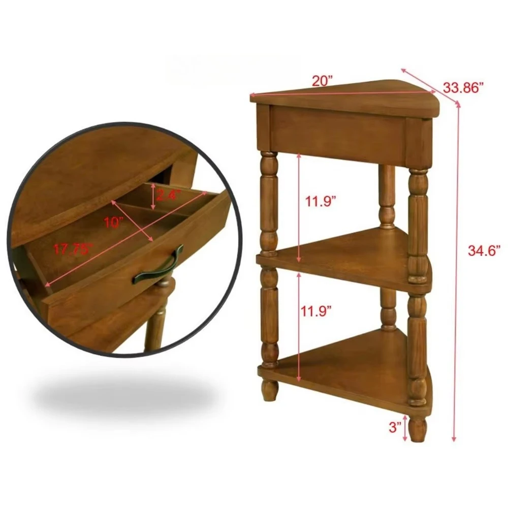 33.8 inch small triangular wood corner table for small spaces/living rooms, three-tier end corner table, solid wood legs, brown