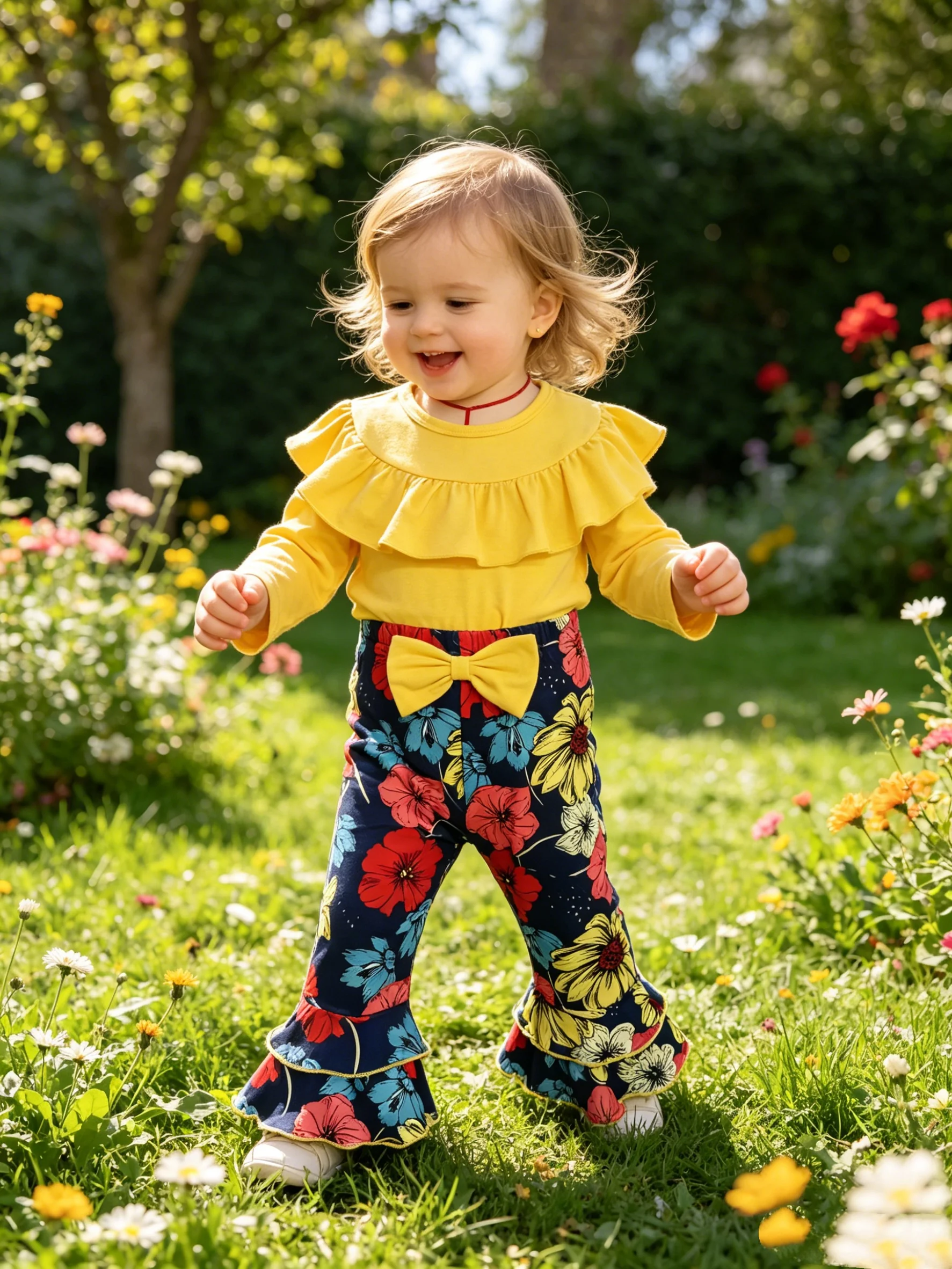 Baby Girl's Autumn Outfit Set - Yellow Double Layer Ruffle Top + Indigo Floral Print Flared Pants Ensemble