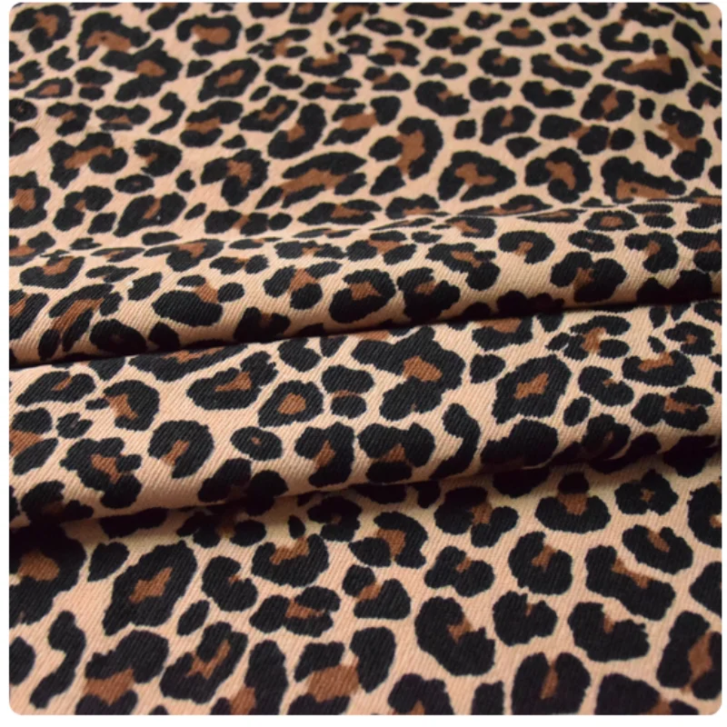 Retro Khaki Leopard Print Thin Stripe Corduroy Fabric, Autumn Winter Shirt Skirts Pants Cotton Jackets Handmade Bag Cloth, T47